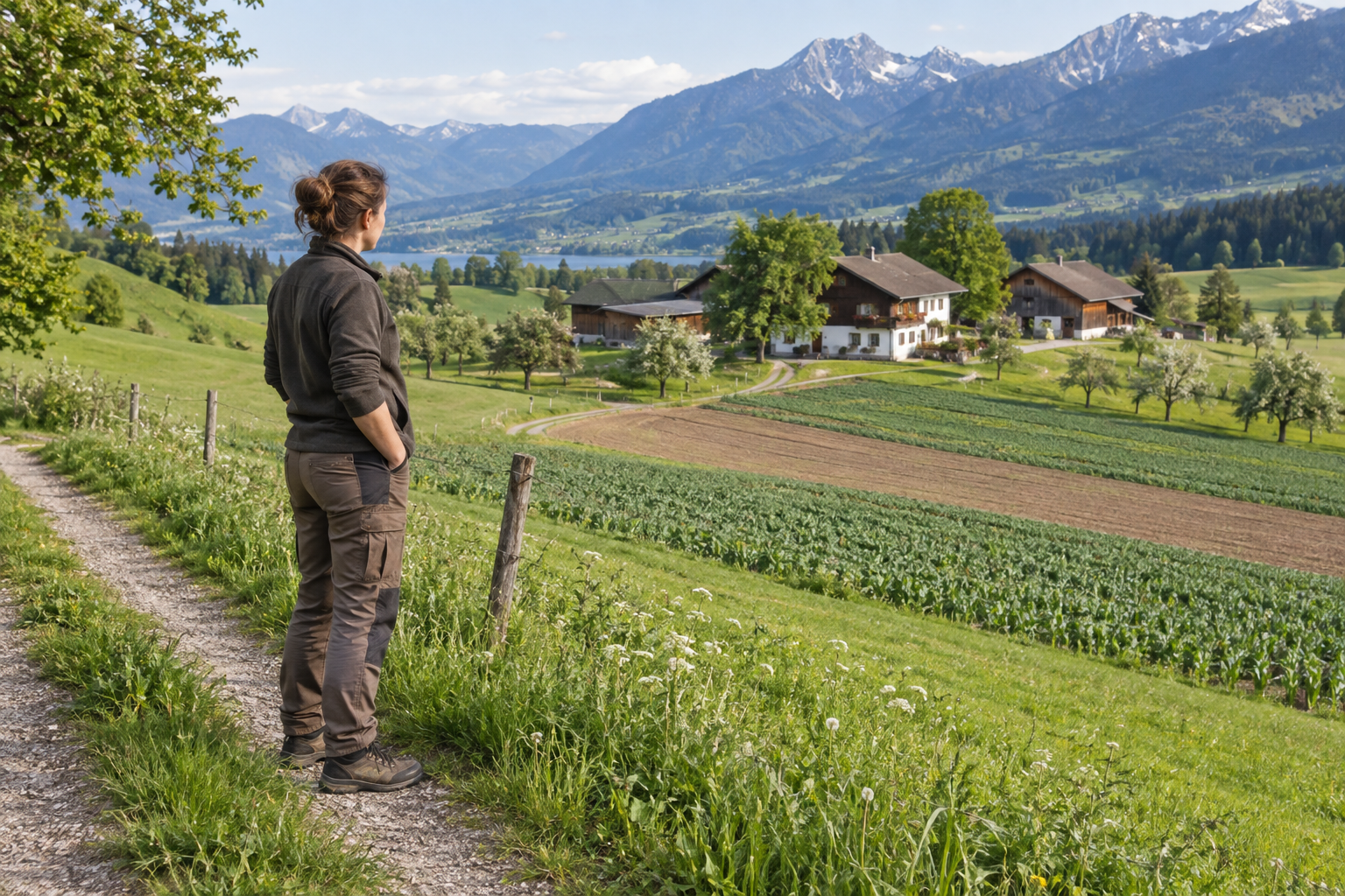 Eine Landwirtin blickt über Wiesen und Äcker in der Nähe der Hofstelle