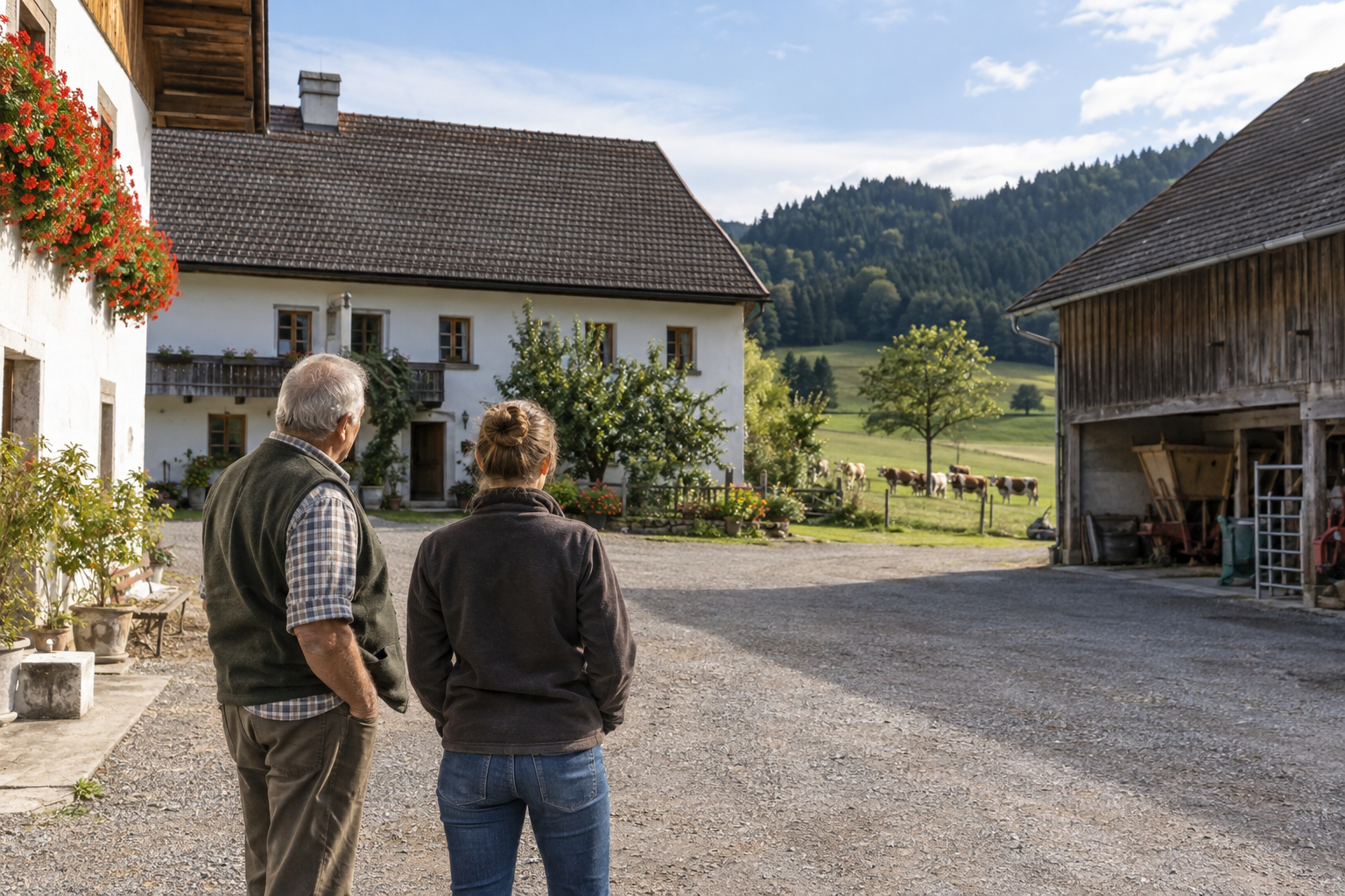 Zwei Generationen stehen vor einer österreichischen Hofstelle mit Wohnhaus und Wirtschaftsgebäude